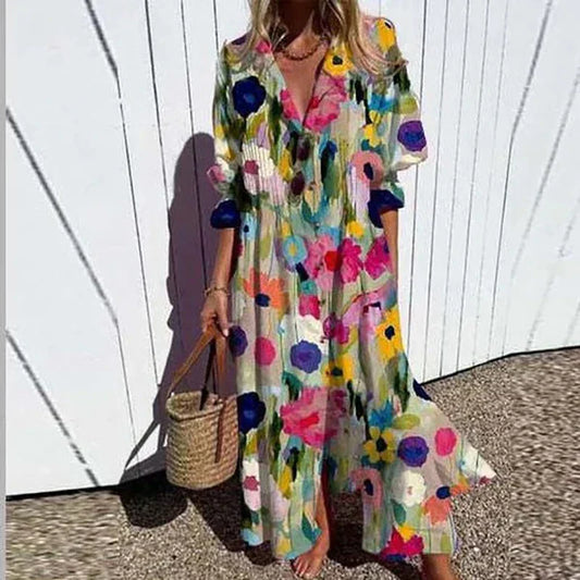Astrid | Women’s Boho Floral Long Sleeve Maxi Dress with V-Neck & Short Sleeves