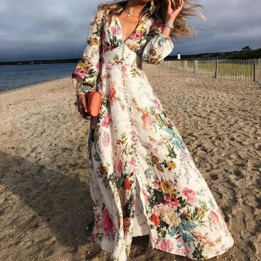 Calista | Women’s Boho Floral Long Sleeve Beach Maxi Dress in Soft White Floral Print