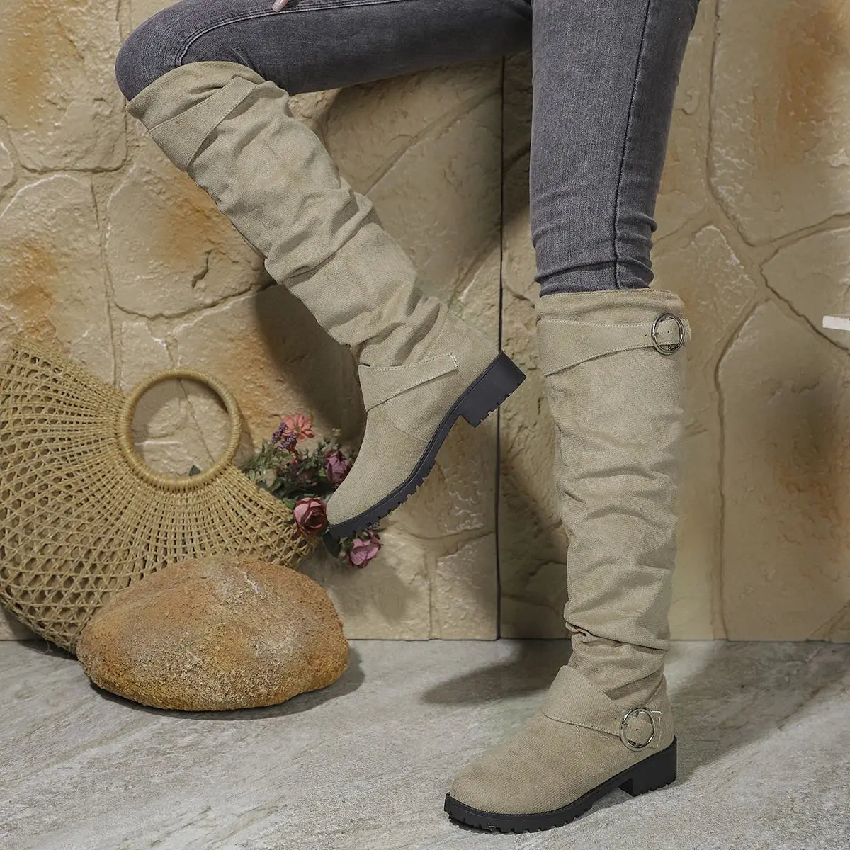 Calista | Grey Suede Knee High Boots