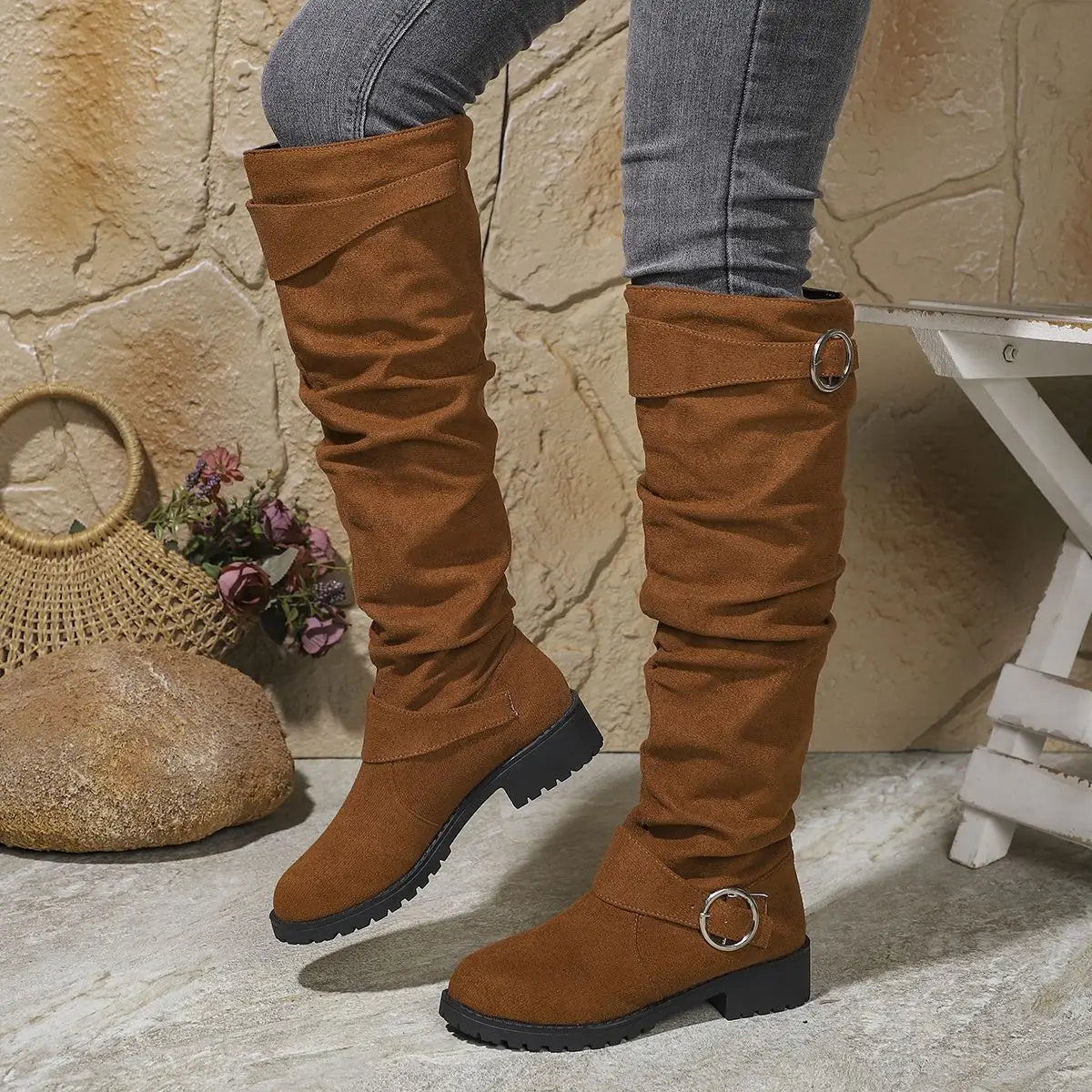 Calista | Grey Suede Knee High Boots