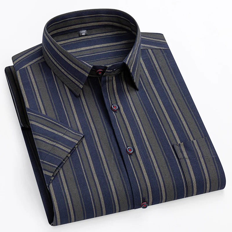 Bram | Navy Striped Short-Sleeve Cotton Shirt