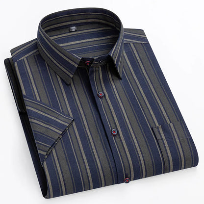 Bram | Navy Striped Short-Sleeve Cotton Shirt