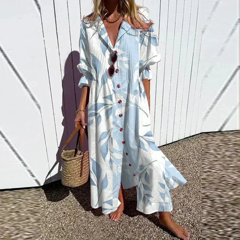 Astrid | Women’s Boho Floral Long Sleeve Maxi Dress with V-Neck & Short Sleeves