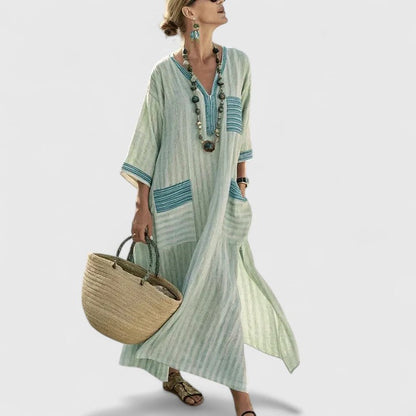 Calista | Women's Loose Fit Linen Pocket Maxi Dress in Mint Green