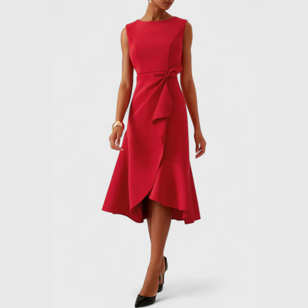 Astrid | Women’s Draped Asymmetric Red Midi Dress