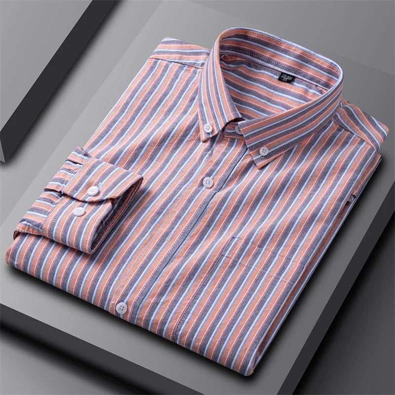 Astrid | Women's Striped Cotton Classic Oxford Shirt in Light Grey & Blue
