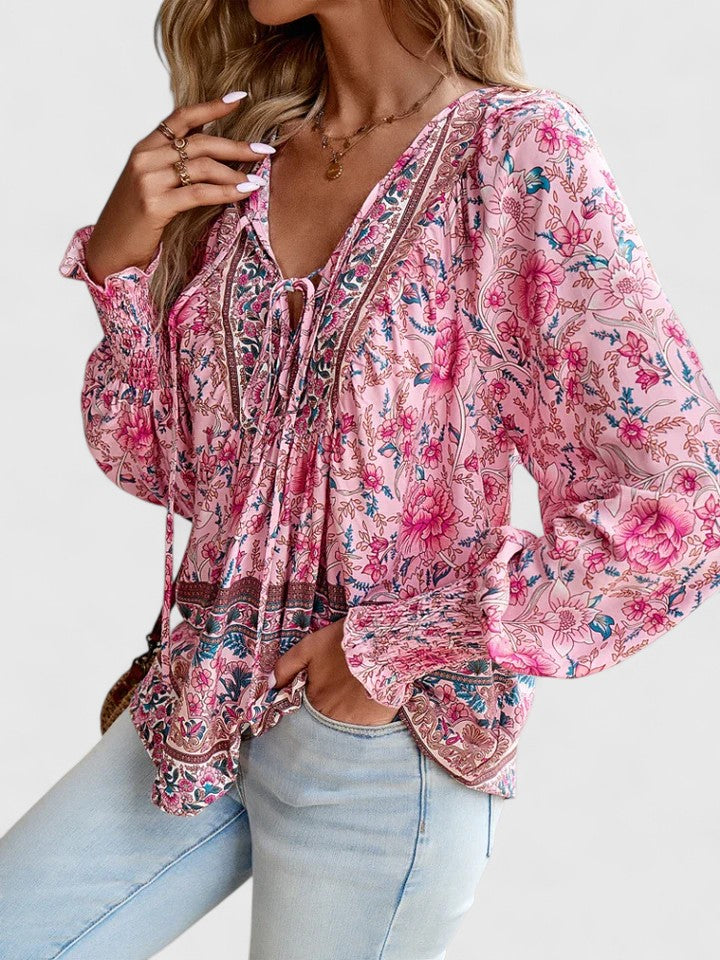 Calista | Women's Boho Floral Pink Long Sleeve Peasant Top
