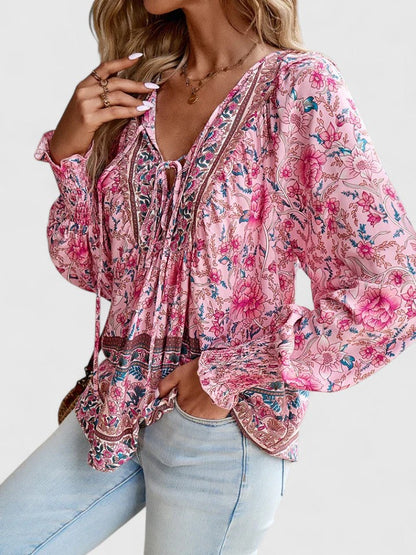 Calista | Women's Boho Floral Pink Long Sleeve Peasant Top
