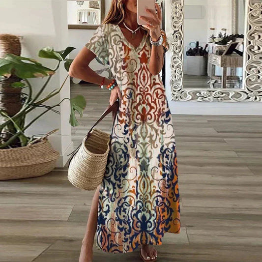 Calista | Women’s Summer Boho Printed Maxi Dress with V-Neck & Side Slit
