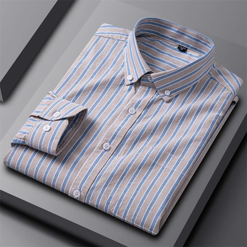 Astrid | Women's Striped Cotton Classic Oxford Shirt in Light Grey & Blue