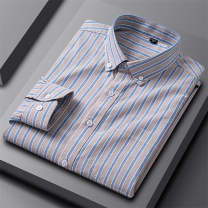 Astrid | Women's Striped Cotton Classic Oxford Shirt in Light Grey & Blue