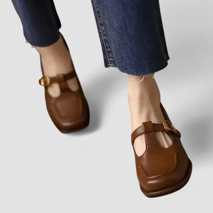 Calantha | Brown Leather Orthopedic T-Strap Mary Jane Shoes