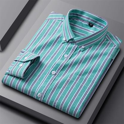 Astrid | Women's Striped Cotton Classic Oxford Shirt in Light Grey & Blue