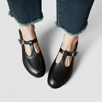 Calanthe | Black Leather Orthopedic Mary Jane Low Heel Shoes