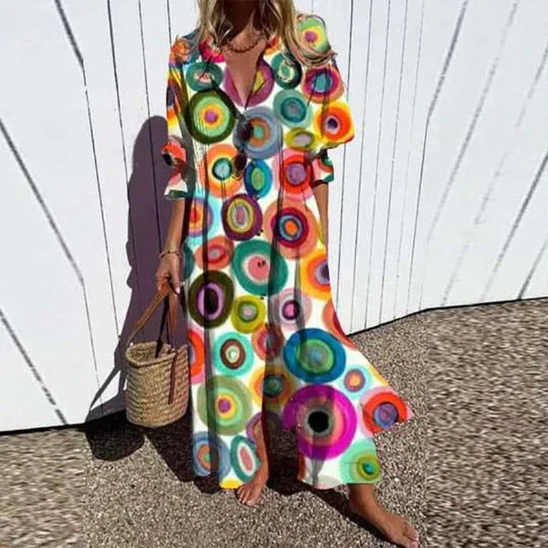 Astrid | Women’s Boho Floral Long Sleeve Maxi Dress with V-Neck & Short Sleeves