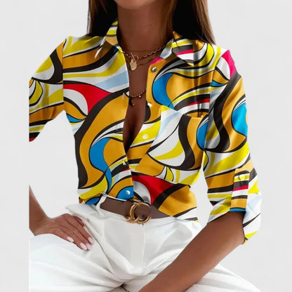 Calista | Elegant Black & Beige Geometric Long Sleeve Blouse