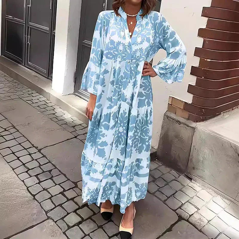 Astrid | Women's Boho Printed Long Sleeve Midi Dress in Beige Floral