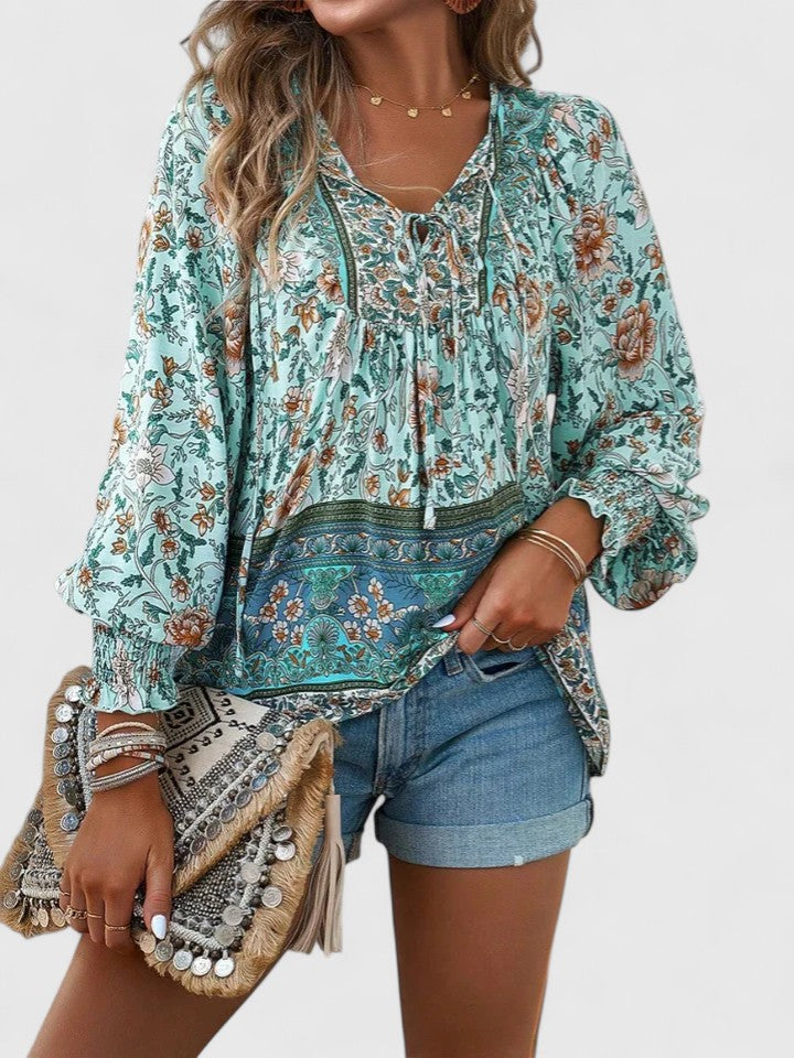 Calista | Women's Boho Floral Pink Long Sleeve Peasant Top