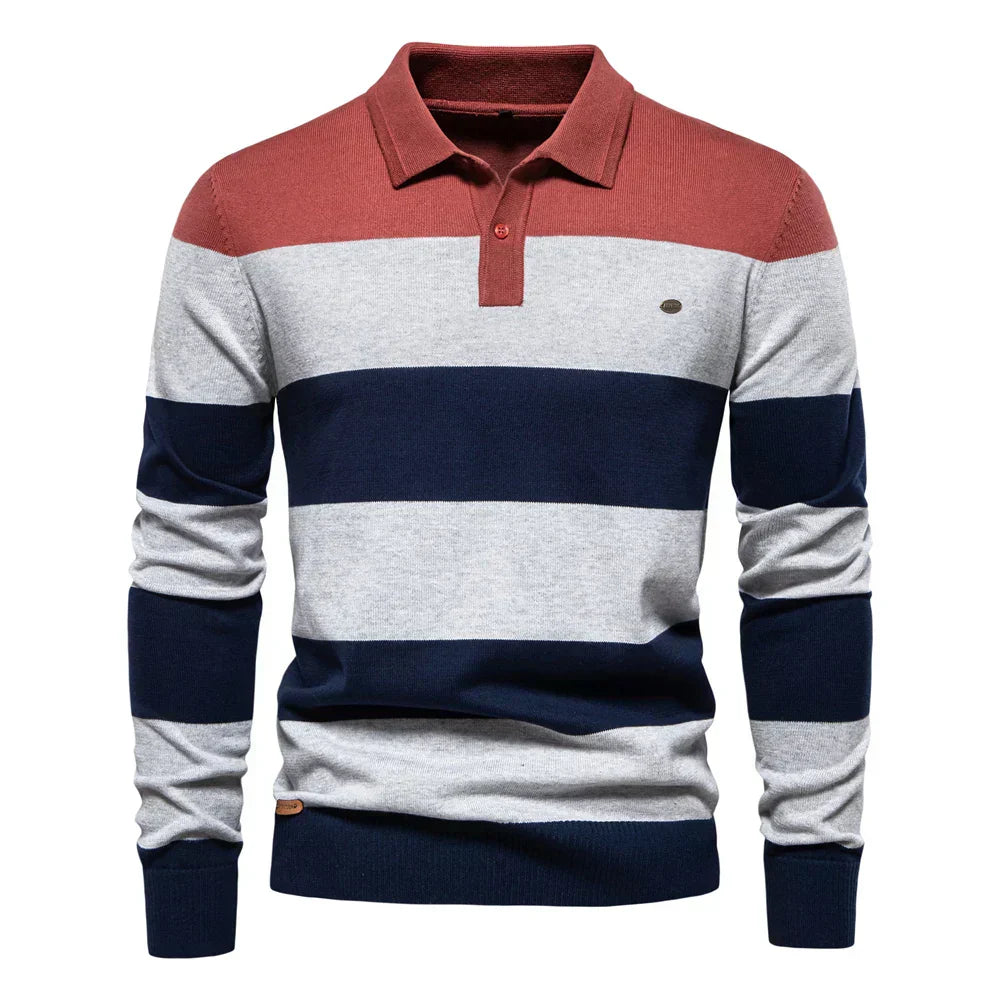 Evelyn | Elegant Long Sleeve Polo Neck Sweater in Striped Knit with Navy and Burgundy Tones