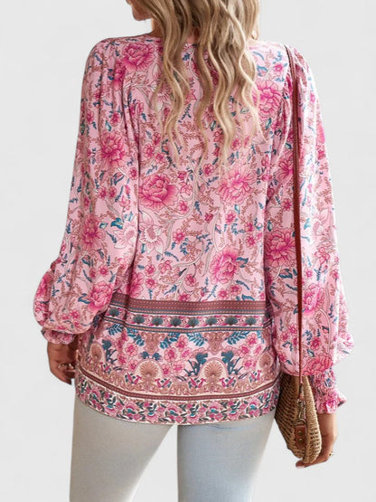 Calista | Women's Boho Floral Pink Long Sleeve Peasant Top