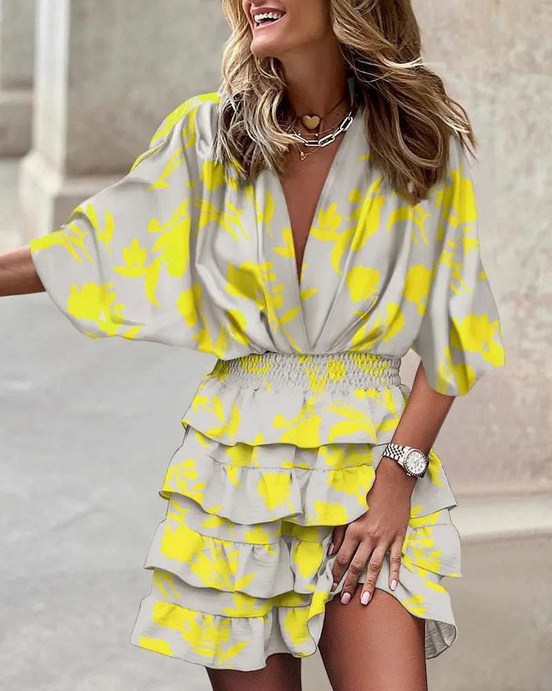 Alethea | Women’s Boho Printed Ruffle Mini Dress in Vibrant Yellow
