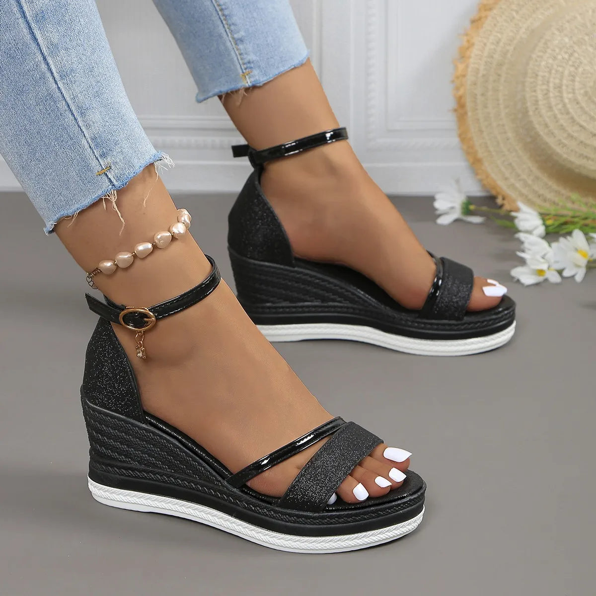 Luna | Women's Glitter Platform Wedge Strap Sandals