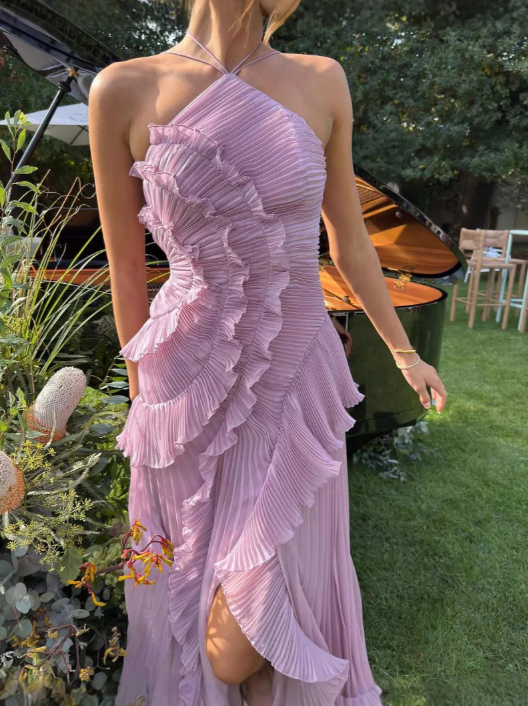 Astrid | Lavender Pleated Ruffle Halter Midi Dress