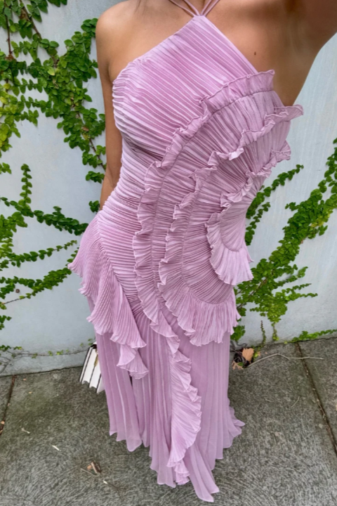 Astrid | Lavender Pleated Ruffle Halter Midi Dress