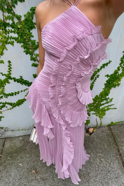 Astrid | Lavender Pleated Ruffle Halter Midi Dress
