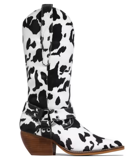 Kalynda | Tall Black & White Cow Print Premium Luxery Cowboy Boots
