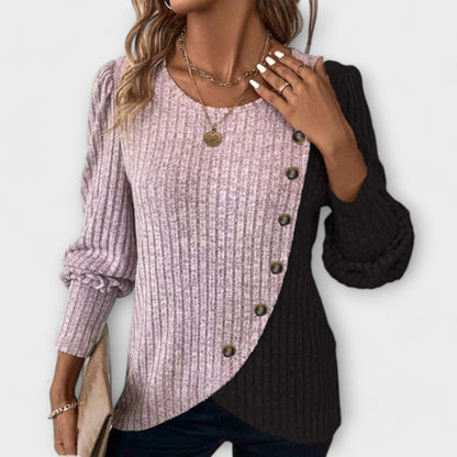 Calantha | Elegant Knitted Blouse in Asymmetrical Black & Grey