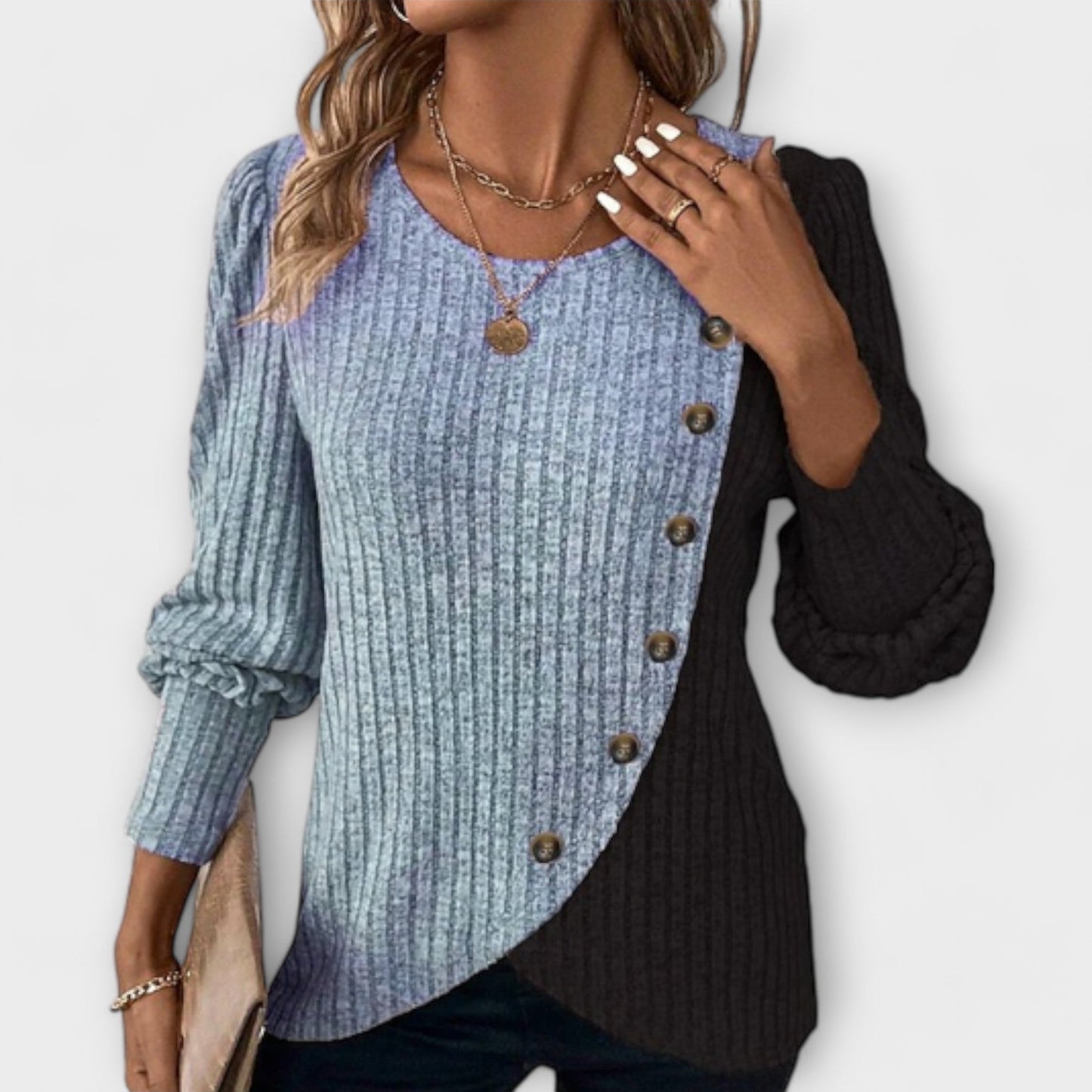 Calantha | Elegant Knitted Blouse in Asymmetrical Black & Grey
