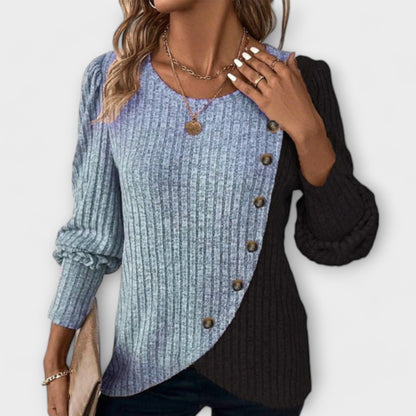 Calantha | Elegant Knitted Blouse in Asymmetrical Black & Grey