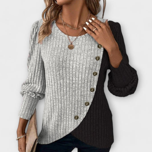 Calantha | Elegant Knitted Blouse in Asymmetrical Black & Grey