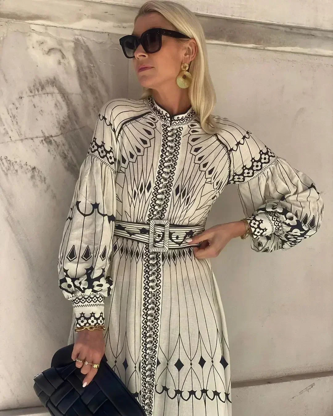 Calista | Elegant Black & White Women's Printed Long Sleeve A Line Midi Dress
