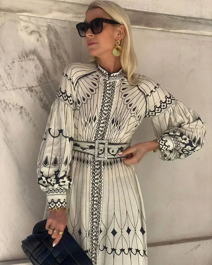 Calista | Elegant Black & White Women's Printed Long Sleeve A Line Midi Dress