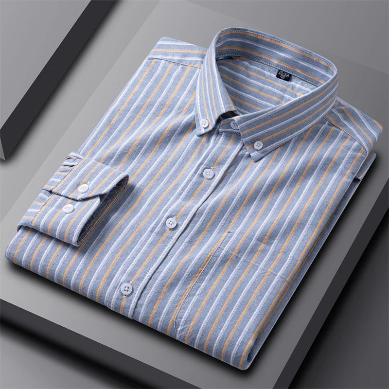 Astrid | Women's Striped Cotton Classic Oxford Shirt in Light Grey & Blue