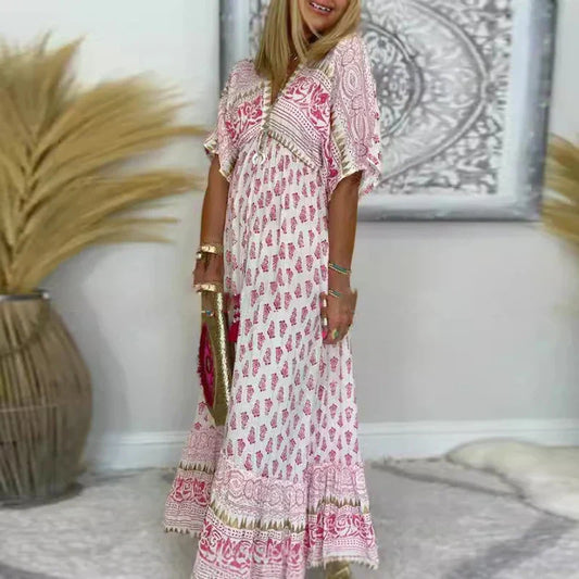 Astrid | Women's Boho Chic Pink Tassel Detail Short Sleeve Maxi Dress