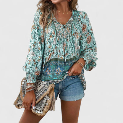 Calista | Women's Boho Floral Pink Long Sleeve Peasant Top