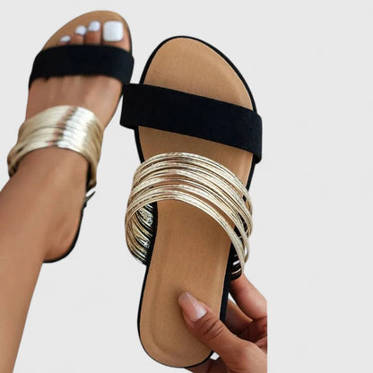 Calantha | Elegant Black Gold Metallic Strap Sandals