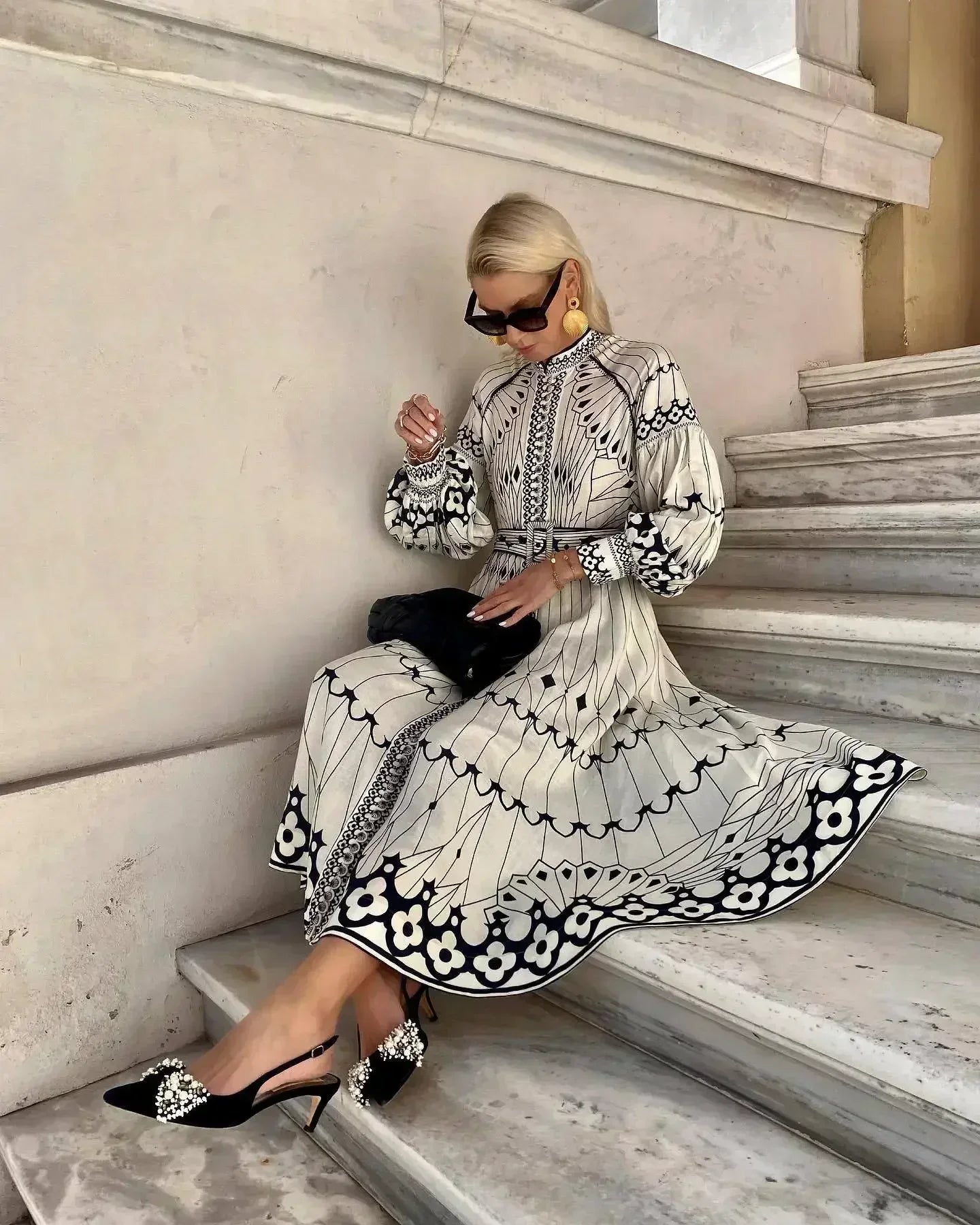Calista | Elegant Black & White Women's Printed Long Sleeve A Line Midi Dress