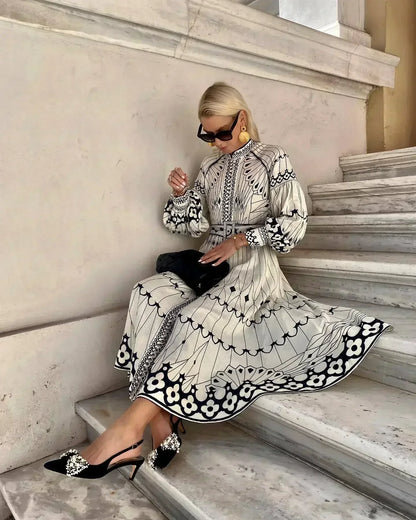 Calista | Elegant Black & White Women's Printed Long Sleeve A Line Midi Dress
