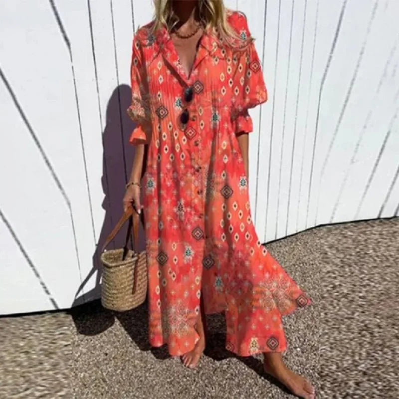 Astrid | Women’s Boho Floral Long Sleeve Maxi Dress with V-Neck & Short Sleeves