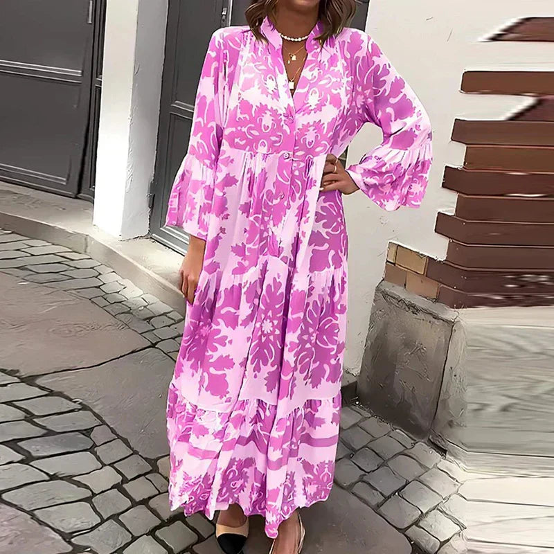 Astrid | Women's Boho Printed Long Sleeve Midi Dress in Beige Floral