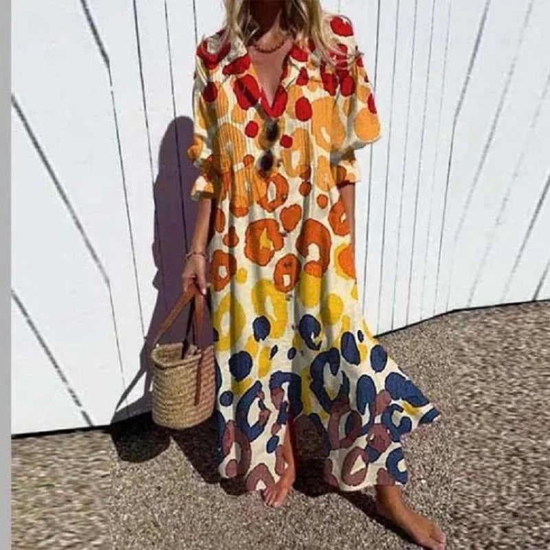Astrid | Women’s Boho Floral Long Sleeve Maxi Dress with V-Neck & Short Sleeves