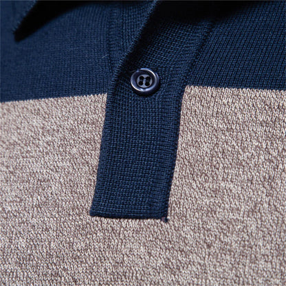 Evelyn | Elegant Long Sleeve Polo Neck Sweater in Striped Knit with Navy and Burgundy Tones