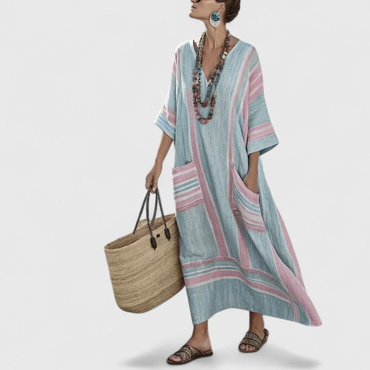 Calista | Women's Loose Fit Linen Pocket Maxi Dress in Mint Green