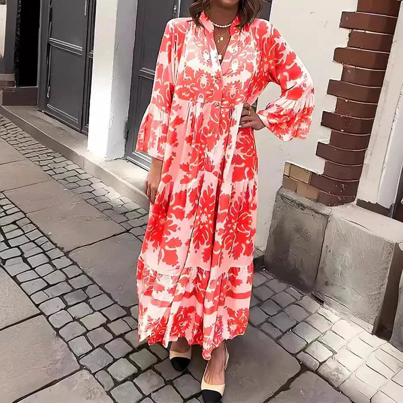 Astrid | Women's Boho Printed Long Sleeve Midi Dress in Beige Floral
