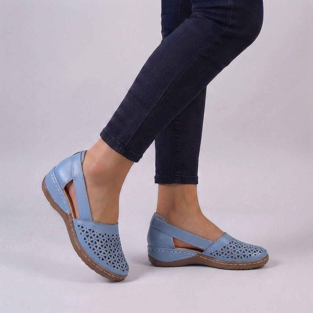 Alethea | Women’s Orthopedic Scalloped Cut-Out Comfort Sandals in Black Perforated Leather