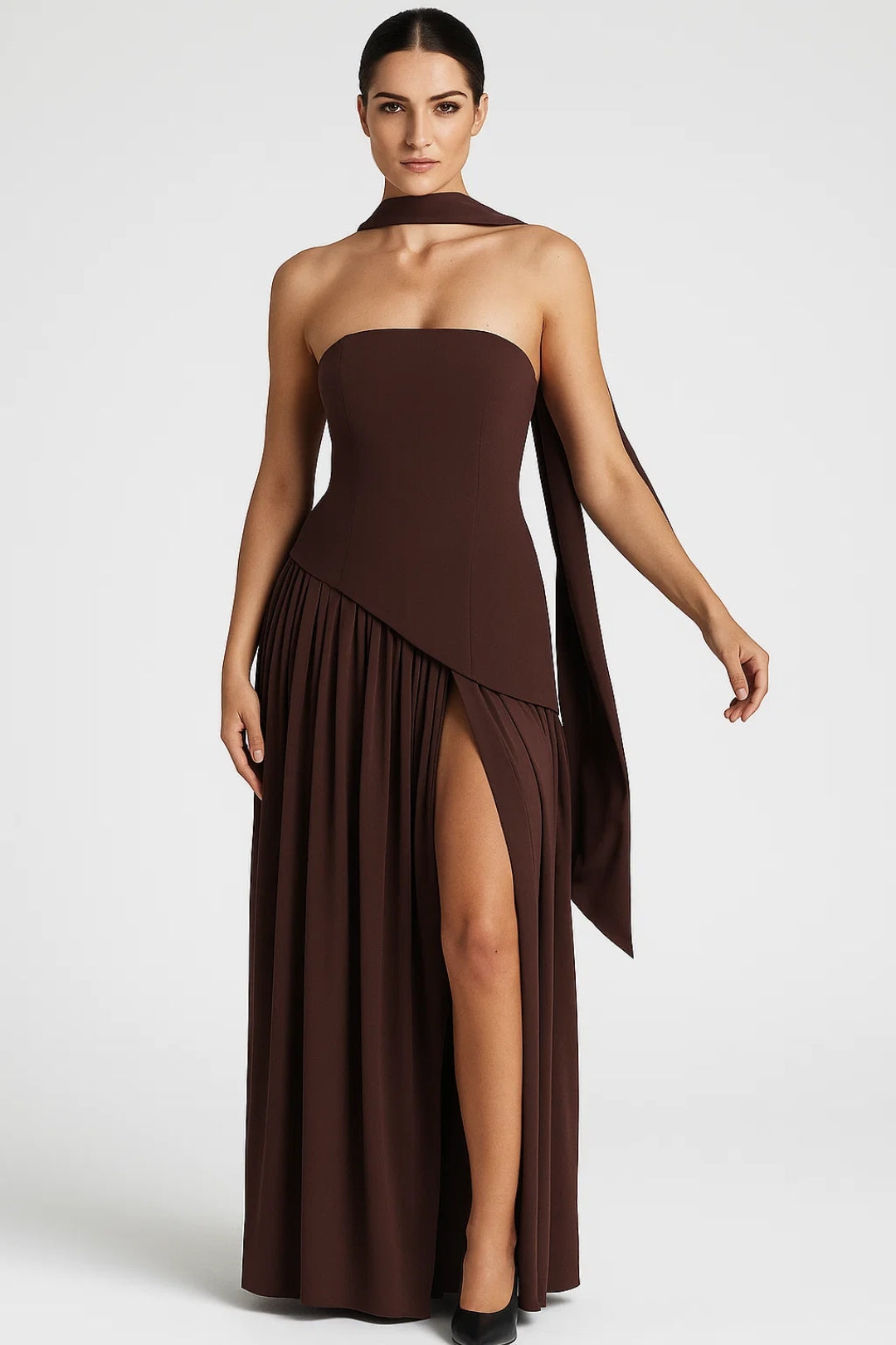 Calanthe | Dark Brown Lightweight V-Neck Midi Dress